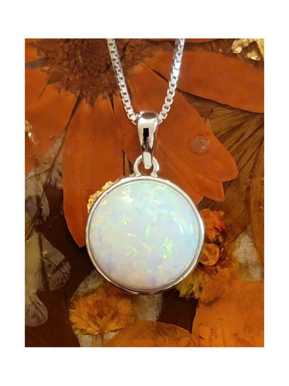925 Sterling Silver Round Opalite Pendant Necklace Adjustable Chain NWT